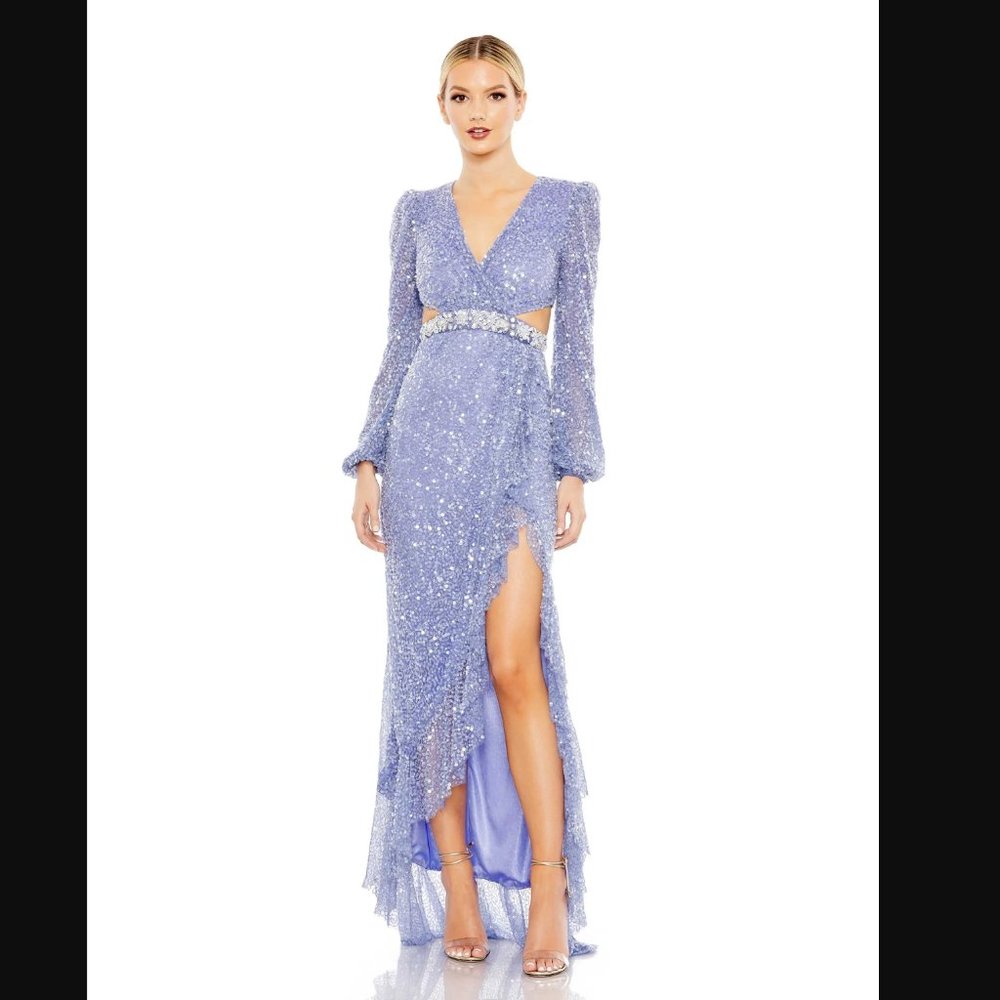 Mac Duggal SEQUINED FAUX WRAP CUT OUT PUFF SLEEVE GOWN